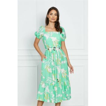 Rochie Diana midi verde cu imprimeuri florale albe si cordon in talie ieftina