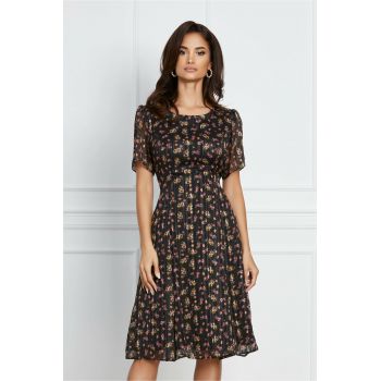Rochie Oana neagra cu imprimeu floral si insertii din lurex