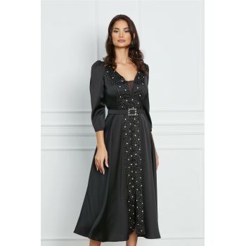 Rochie Raluca neagra cu strasuri si bilute si curea in talie