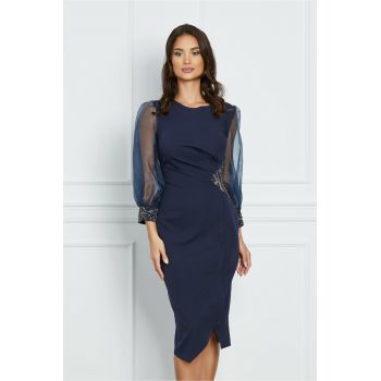 Rochie Tiana bleumarin cu perlute si maneci din organza