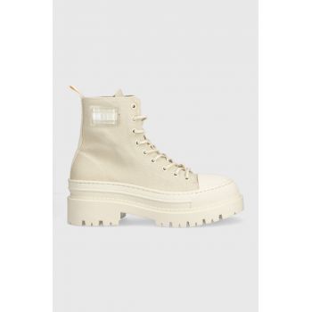 Tommy Jeans botine TJW FOXING CANVAS BOOT femei, culoarea bej, cu platforma, EN0EN02216