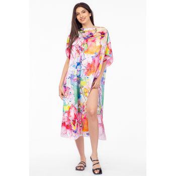 Rochie de plaja lunga tip poncho din matase cu motiv floral pastelat