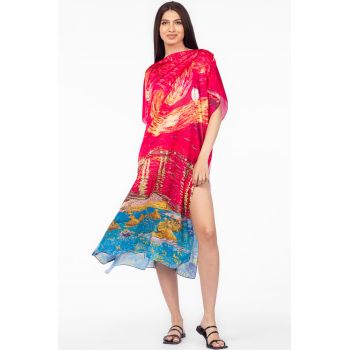 Rochie fucsia de plaja lunga tip poncho din matase cu reproducere dupa    Noapte Instelata deasupra Rhonului   de Claude Monet