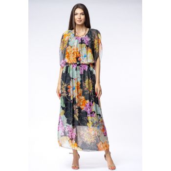 Rochie lunga, cu imprimeu floral 3D  pe fond negru, din matase naturala