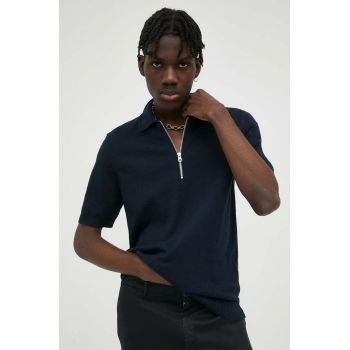 Samsoe Samsoe tricou polo din amestec de lână culoarea albastru marin, neted