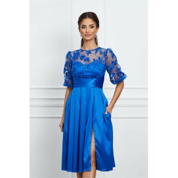 Rochie Dy Fashion albastra din tafta cu broderie la bust la reducere