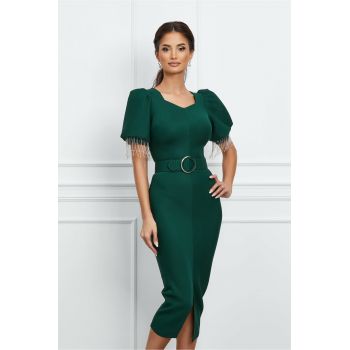 Rochie Flavia verde din neopren cu franjuri din strasuri la maneci si curea in talie