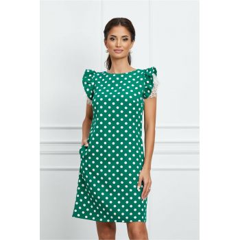 Rochie MBG verde cu buline si dantela la maneci ieftina