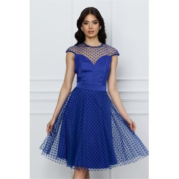 Rochie Moze albastra din tull cu buline ieftina