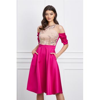 Rochie Moze fucsia cu bust bej si umeri goi