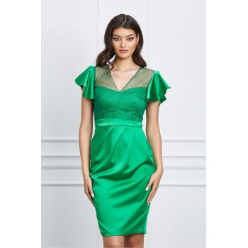 Rochie Moze verde din satin cu glitter la bust