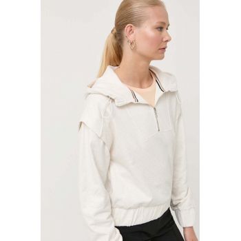 BOSS bluza femei, culoarea bej, cu glugă, cu imprimeu