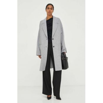 BOSS palton de lana culoarea gri, de tranzitie, oversize