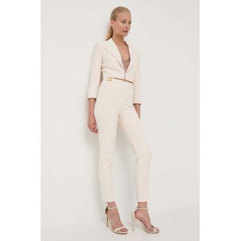 Elisabetta Franchi pantaloni femei, culoarea bej, mulata, high waist