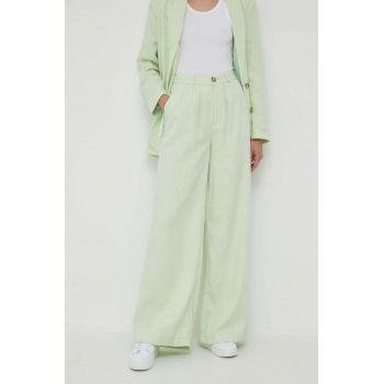 Pepe Jeans pantaloni din amestec de in Monna culoarea verde, drept, high waist