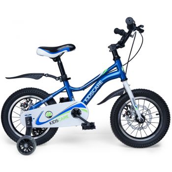 Bicicleta pentru copii 2-4 ani KidsCare HappyCycles 12 inch cu roti ajutatoare si frane pe disc albastru ieftina