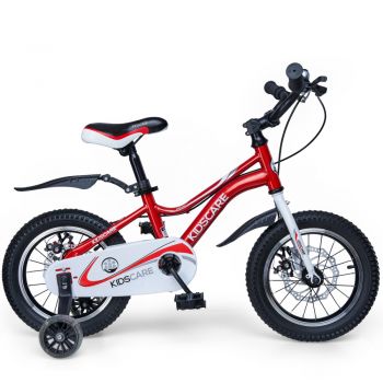 Bicicleta pentru copii 2-4 ani KidsCare HappyCycles 12 inch cu roti ajutatoare si frane pe disc rosu la reducere