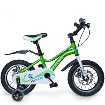 Bicicleta pentru copii 2-4 ani KidsCare HappyCycles 12 inch cu roti ajutatoare si frane pe disc verde la reducere