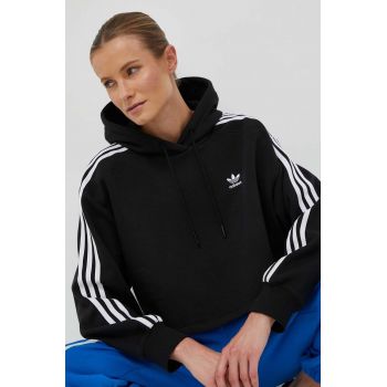 adidas Originals bluza femei, culoarea negru, cu glugă, cu imprimeu