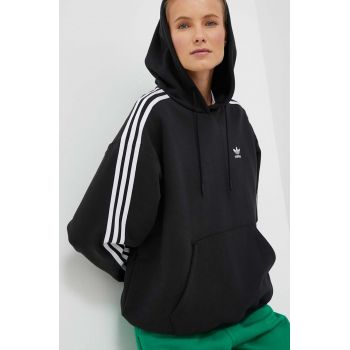 adidas Originals hanorac de bumbac femei, culoarea negru, cu glugă, cu imprimeu