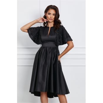 Rochie Dy Fashion neagra din tafta cu maneci din dantela