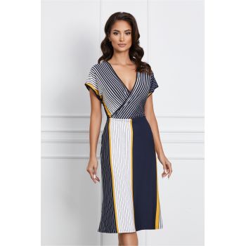 Rochie Gabrila bleumarin cu dungi albe si galbene