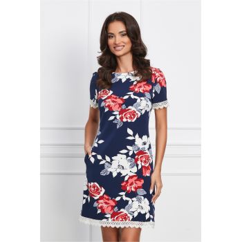 Rochie MBG bleumarin cu imprimeu floral rosu la reducere