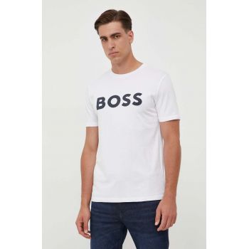 BOSS tricou din bumbac BOSS CASUAL barbati, culoarea bej, cu imprimeu