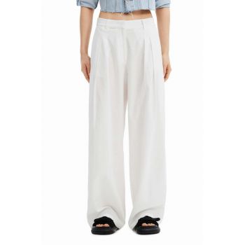Desigual pantaloni din amestec de in culoarea alb, lat, medium waist