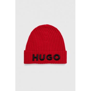 HUGO caciula de lana culoarea rosu, de lana, din tricot gros