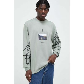 HUGO longsleeve din bumbac culoarea verde, cu imprimeu