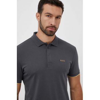 BOSS GREEN polo de bumbac culoarea gri, melanj