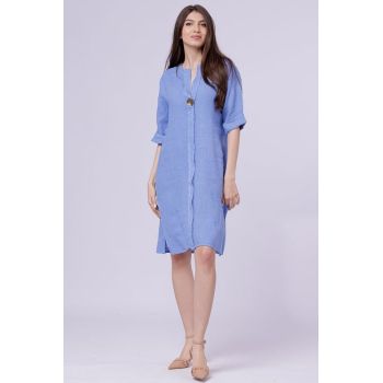 Rochie tunica din in bleu, cu nasture metalic decorativ