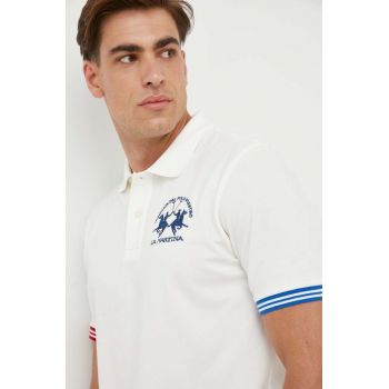 La Martina tricou polo barbati, culoarea bej, cu imprimeu