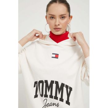 Tommy Jeans hanorac de bumbac femei, culoarea bej, cu glugă, cu imprimeu