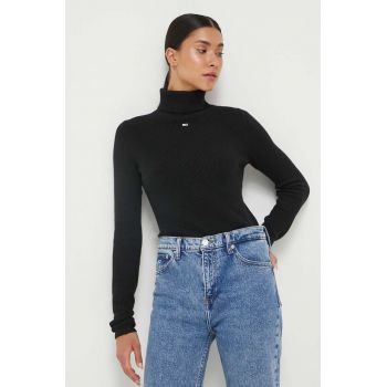 Tommy Jeans pulover femei, culoarea negru, light, cu guler de firma original