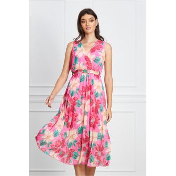 Rochie Andra fucsia cu imprimeuri florale si curea in talie