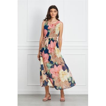 Rochie Andreea din voal plisat bleumarin cu flori