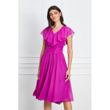 Rochie Dy Fashion magenta din voal cu volanas la bust