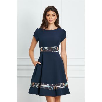 Rochie Maria bleumarin cu imprimeu in talie si la baza