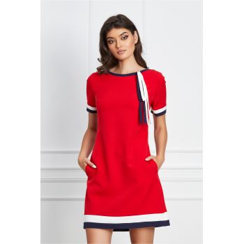 Rochie MBG rosie cu buzunare si snur la baza gatului