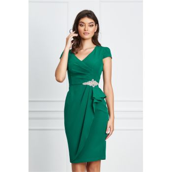 Rochie MBG verde cu volanas si accesoriu stralucitor in talie