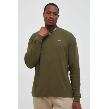 Tommy Jeans longsleeve din bumbac culoarea verde, neted