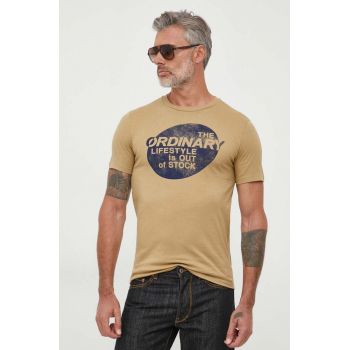 United Colors of Benetton tricou din bumbac culoarea bej, cu imprimeu