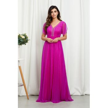 Rochie de ocazie din voal cu glitter Atlanta Fucsia ieftina
