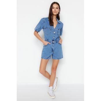 Salopeta scurta de denim cu buzunare la reducere