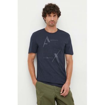 Armani Exchange tricou din bumbac culoarea albastru marin, cu imprimeu ieftin