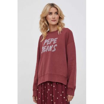 Pepe Jeans hanorac de bumbac femei, culoarea bordo, cu imprimeu