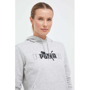 Puma bluza femei, culoarea gri, cu glugă, cu imprimeu