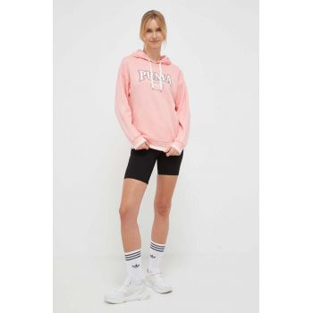 Puma bluza femei, culoarea roz, cu glugă, cu imprimeu ieftin